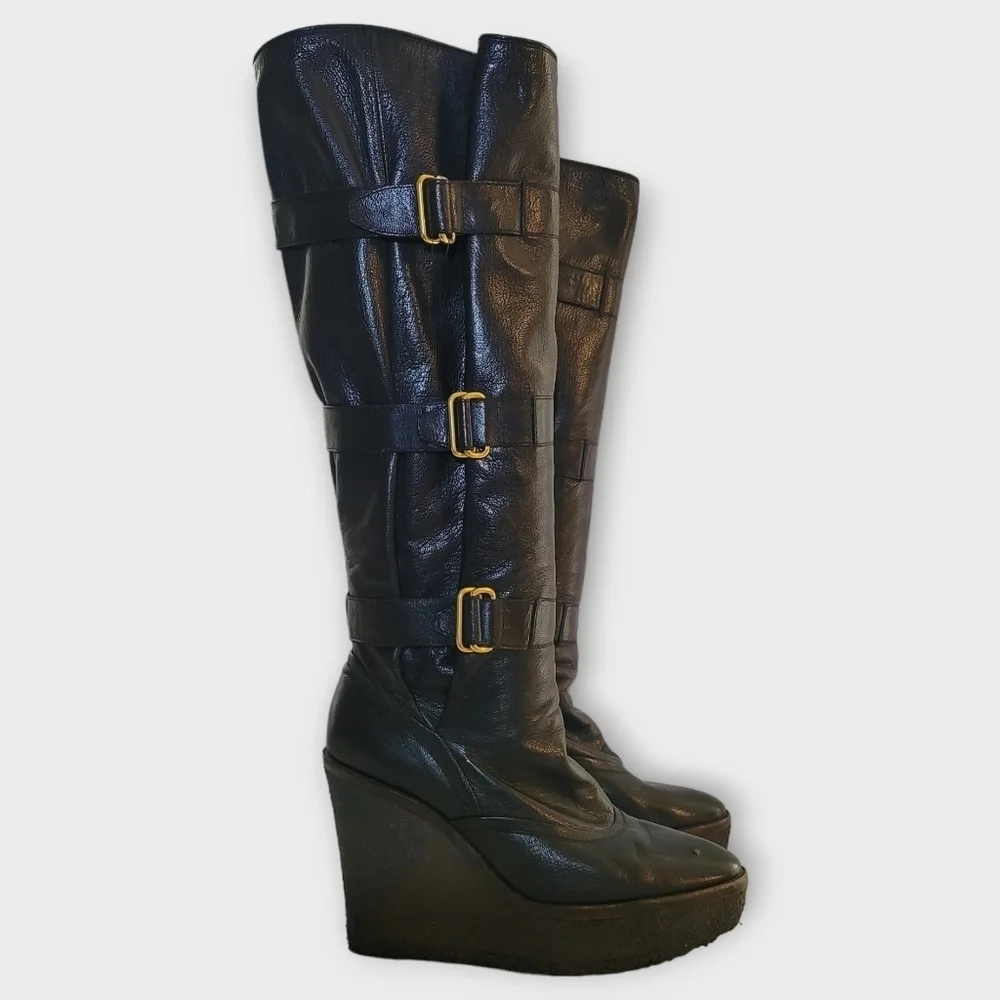 YSL Yves Saint Laurent Tall Black Leather Wedge Boots Vintage 90s Y2K - Picture 6 of 16